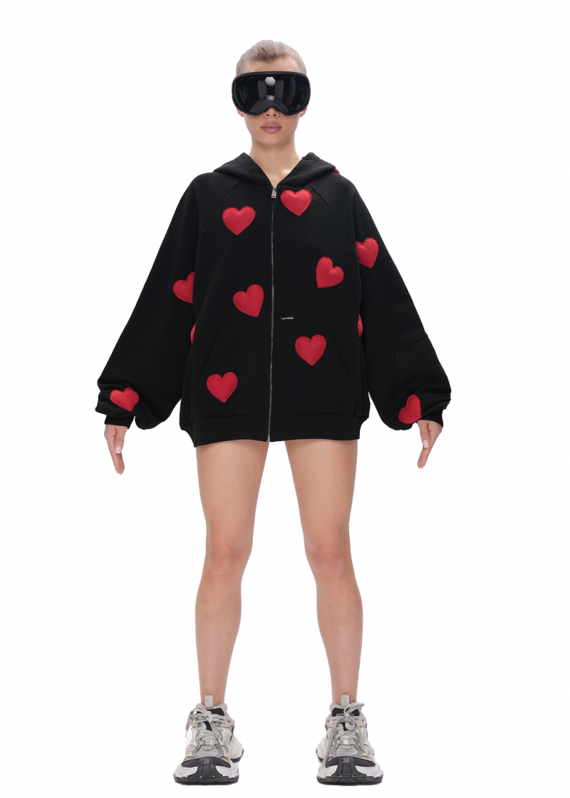 Худи ZIP с сердечками - black